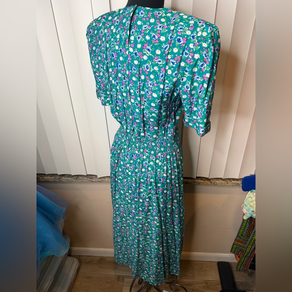 Vintage Karin Stevens teal floral dress short puff sleeve drop waist pleated 12 - Picture 5 of 8